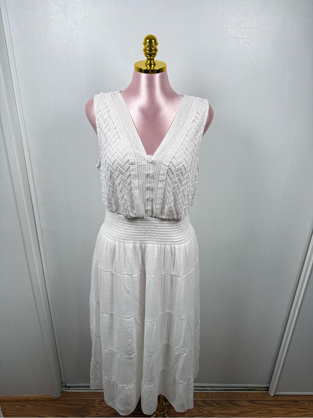 Kings Road White Boho Midi Dress Smocked Waist | Size 2X - Picture 2 of 7